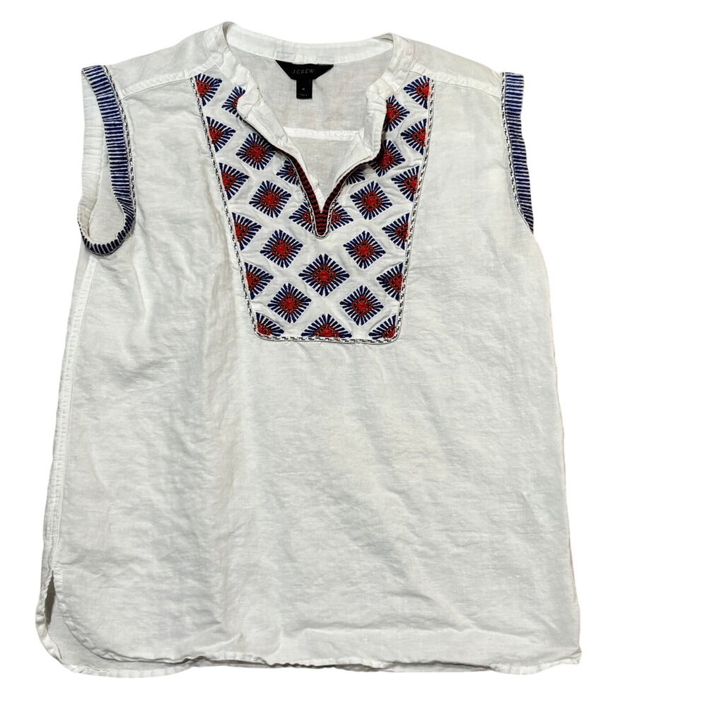 White Linen Cotton Sleeveless Top J CREW Embroidered Sunburst Women's Size 4